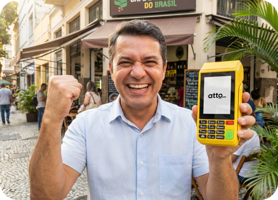 Empresário feliz com maquininha AttoPay